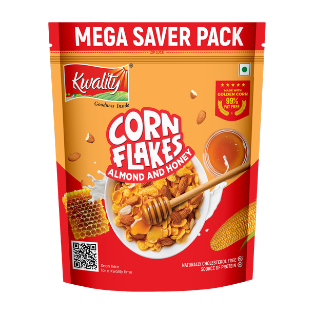 Kwality Corn Flakes Real Almond & Honey, 99% Fat Free, Breakfast Cereals Pouch