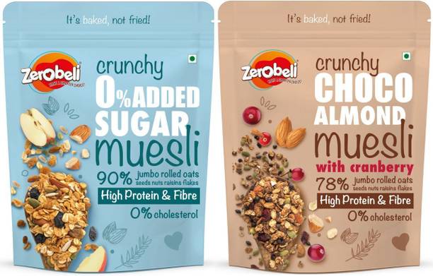 Zerobeli Combo of Crunchy 0% Added Sugar & Choco Almond Muesli | HIgh in Fiber & Protein Pouch