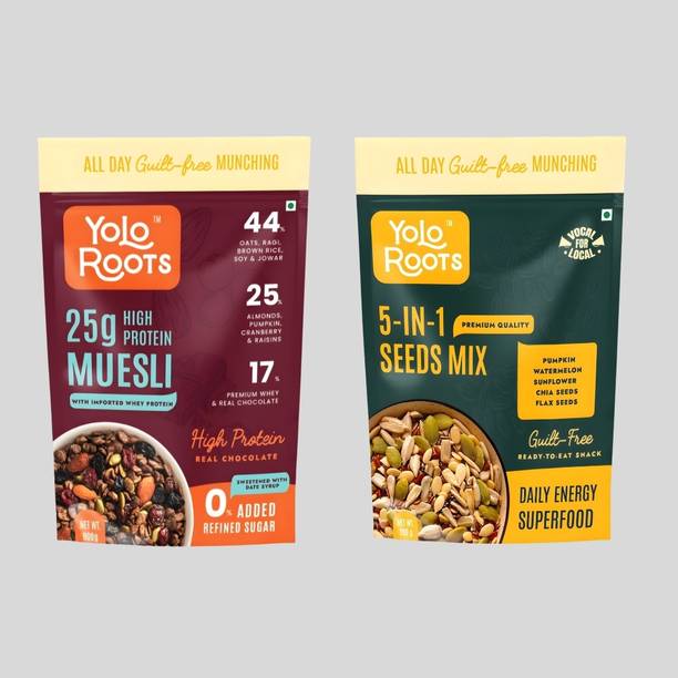 Yolo Roots High Protein Chocolate Muesli 800g + 5 in 1 Seed Mix 200g Healthy Combo Pouch