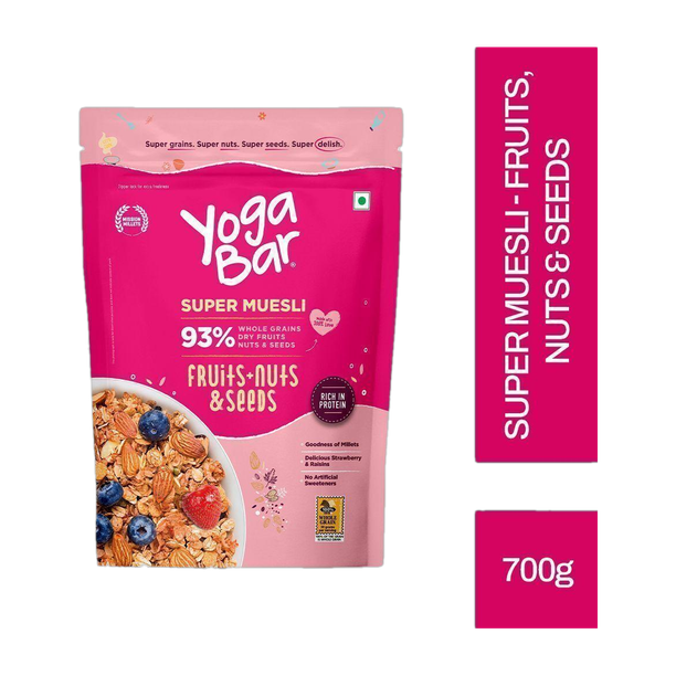 Yogabar Muesli 700g Fruits Nuts&Seeds, Wholegrain Breakfast Cereal with High Fibre Pouch