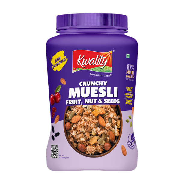 Kwality Crunchy Muesli Fruit,Nut &Seed 87% Multigrains,High in Fibre,Protein & Iron Jar