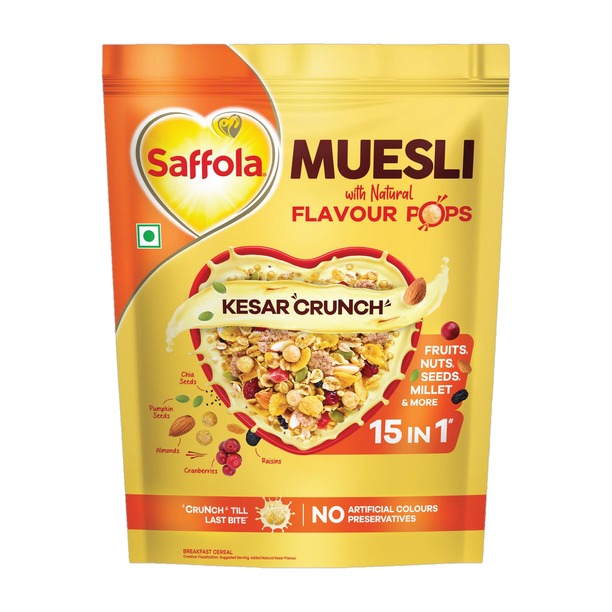 Saffola Muesli Kesar Crunch with Flavour Pops, 15 in 1 Fruit, Nuts, Millet & more Pouch