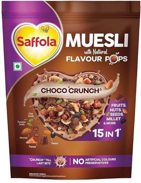 Saffola Muesli Choco Crunch with Flavour Pops, 15 in 1 Fruit, Nuts, Millet & more Pouch
