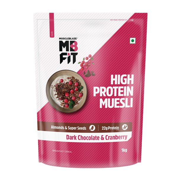 MUSCLEBLAZE by Bright Lifecare Fit High Protein Muesli, Dark Chocolate & Cranberry, Breakfast Cereals Pouch