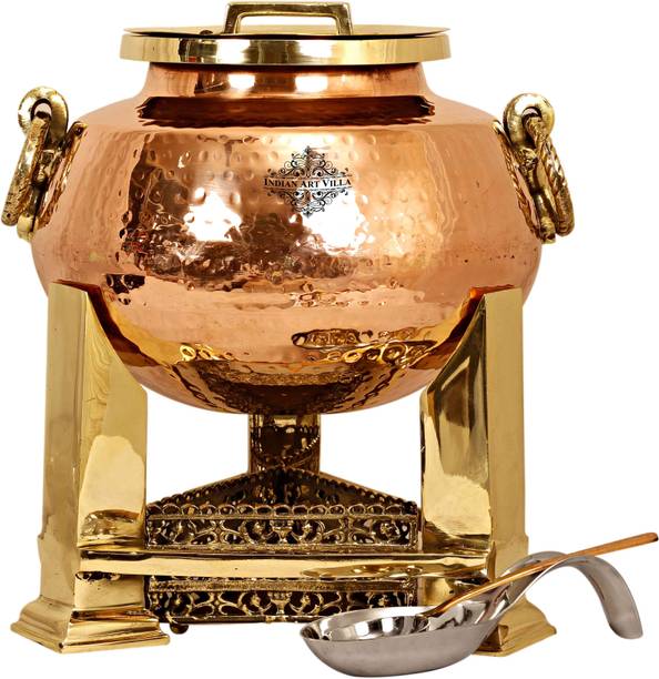 IndianArtVilla Steel Copper Hammered Chafing Dish with Brassfuel Gel Stand & Serving Spoon 15 L Round Chafing Dish
