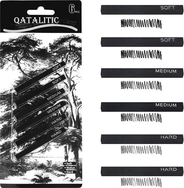 Qatalitic Compressed Charcoal 6 pc. Graphite Stick, Black Soft / Medium / Hard for Shading, Sketching, Drawing Stick