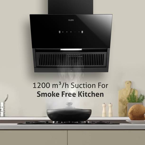 Glen Kara 90cm Auto Clean Slant Glass 90 cm| Touch & Gesture Control| Autoclean| Filterless|Powerful Suction|Low Noise Wall Mounted Chimney  (Black 1200 CMH)