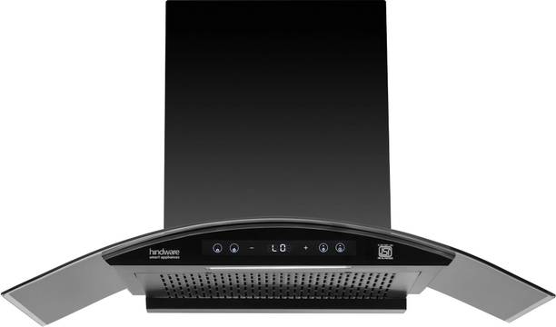 Hindware Smart Appliances Sancia BLDC 90 Auto Clean | Curved Glass | Filterless | Touch Control | Motion Sensor | Energy Efficient LED Light | Powerful Suction | Wall Mounted Black 1400 CMH Chimney