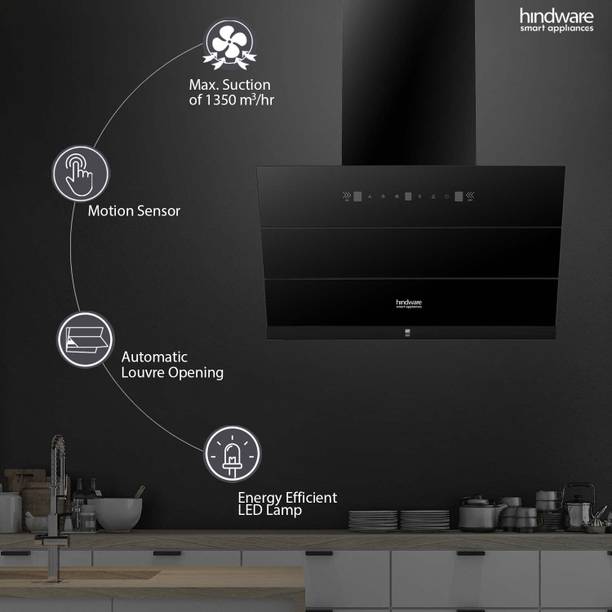 Hindware Smart Appliances Skyla Neo 90 Cm kitchen chimney 1350 m3/hr Auto Clean Wall Mounted Chimney  (Black 1350 CMH)