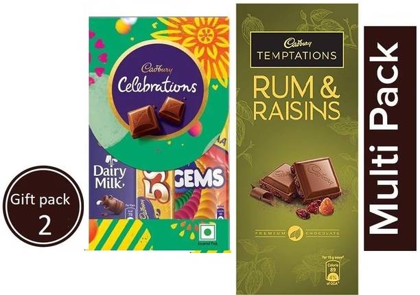 Cadbury Celebrations 62g & Temptation Rum and Raisin Milk Chocolate 72g Pack of 2 Bars
