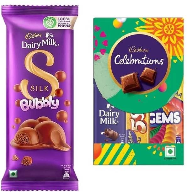 Cadbury Dairy Milk Silk Bubbly Chocolate Bar 50g & Celebrations Chocolate Gift Pack 60g Bar Gift Pack