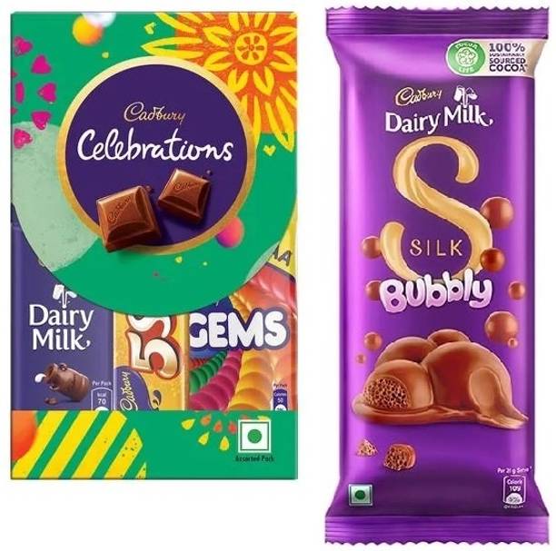 Cadbury Celebrations Chocolate Gift Pack 60g & Dairy Milk Silk Bubbly Chocolate Bar 50g Bar Gift Pack