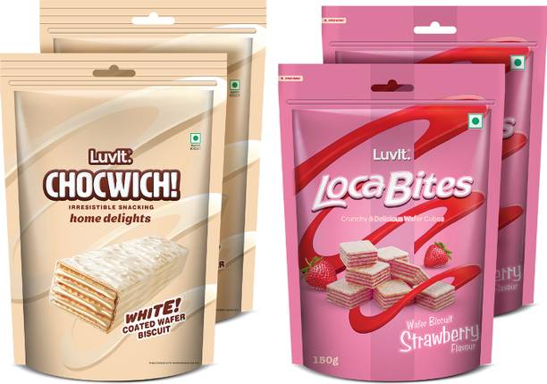 LuvIt Chocwich White and Loca Bites Strawberry | Combo Pack of 4 | Chocolate Wafers Bites