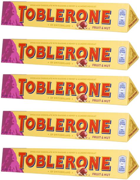 Toblerone FRUIT & NUT (5 x 100 gm.) SWISS MILK CHOCOLATE WITH RAISINS,HONEY & ALMOND Bars
