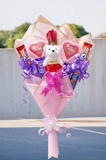 Cadbury Valentine gift bouquet gift chocolate with teddy hamper|anniversary Gift Bar