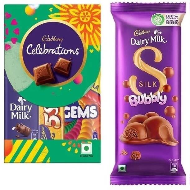 Cadbury Celebrations Chocolate Gift Pack 60g & Dairy Milk Silk Bubbly Chocolate Bar 120g Bars