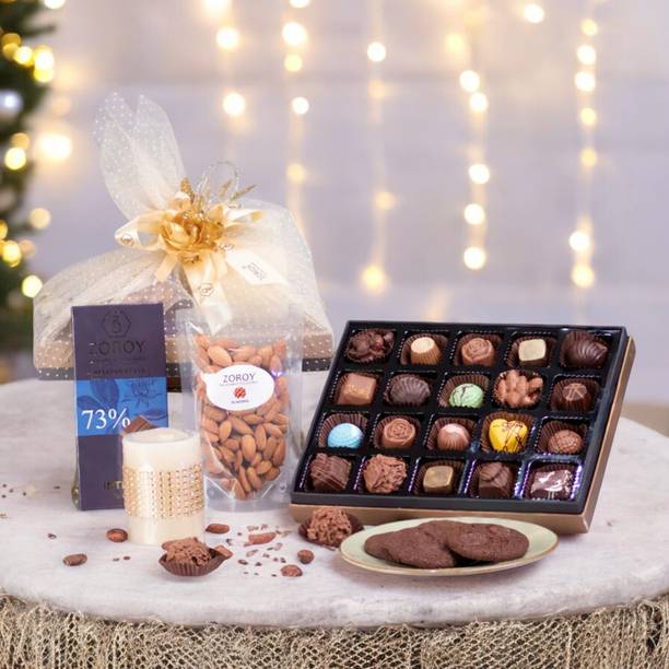 Zoroy Luxury Chocolate Diwali Large Netted Hamper with chocolates, cookies, dryfruits and candle Fudges