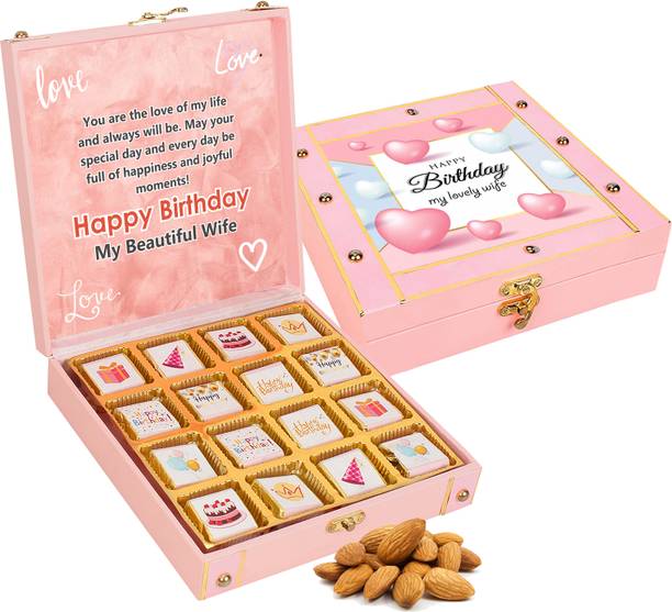 Chocoloony 16 pcs Almond Chocolate Birthday Gift Box with Best Wishing Msg for Wife | Caramels