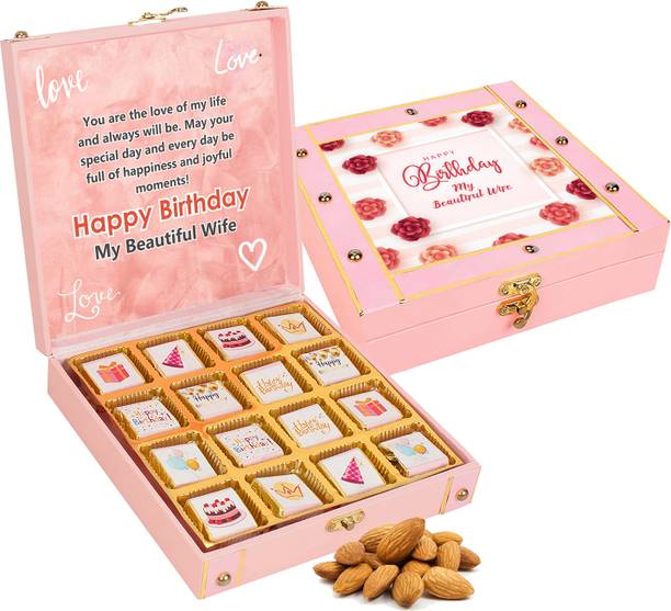 Chocoloony 16 pcs Almond Chocolate Birthday Wooden Gift Box Wishing Msg For Wife Caramels