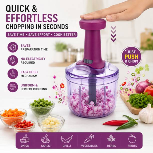 MAGICSPOON New Big size Hand Push Chopper 900 ML with 4 Stainless Steel Blades (Purple) Vegetable & Fruit Chopper