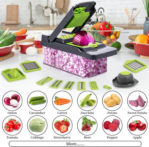 savassy 12-in-1 Vegetable Chopper with Container – Multifunction Manual Vegetable Cutter Vegetable & Fruit Chopper
