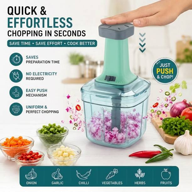 MAGICSPOON New Big size Hand Push Chopper 1000 ML with 4 Stainless Steel Blades (Sea Green) Vegetable & Fruit Chopper