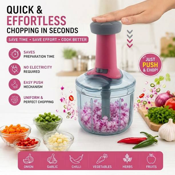 MAGICSPOON New Big size Hand Push Chopper 900 ML with 4 Stainless Steel Blades (Pink) Vegetable & Fruit Chopper