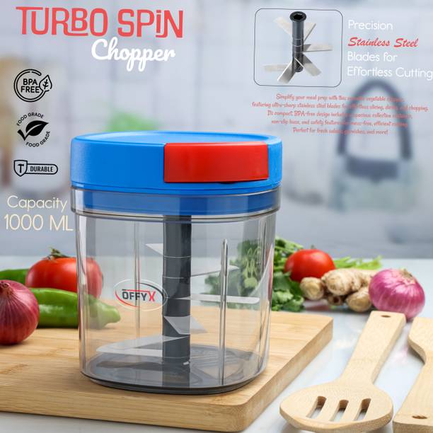 OFFYX Turbo Spin Chopper: 1000ml Capacity, Blue & Red, 6X Blades, Compact Size सब्जी और फल