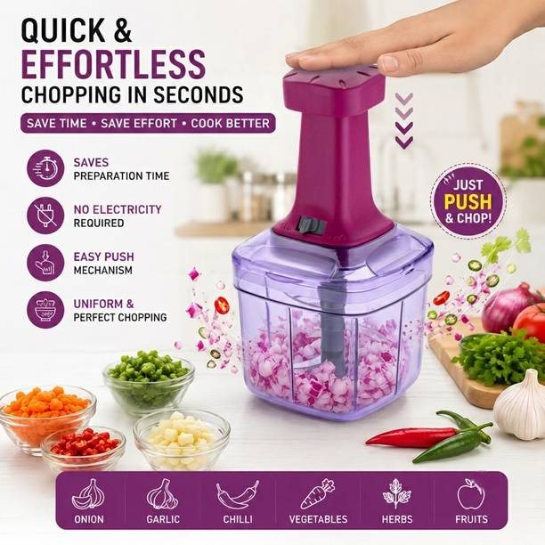 MAGICSPOON New Big size Hand Push Chopper 1000 ML with 4 Stainless Steel Blades (Purple) Vegetable & Fruit Chopper