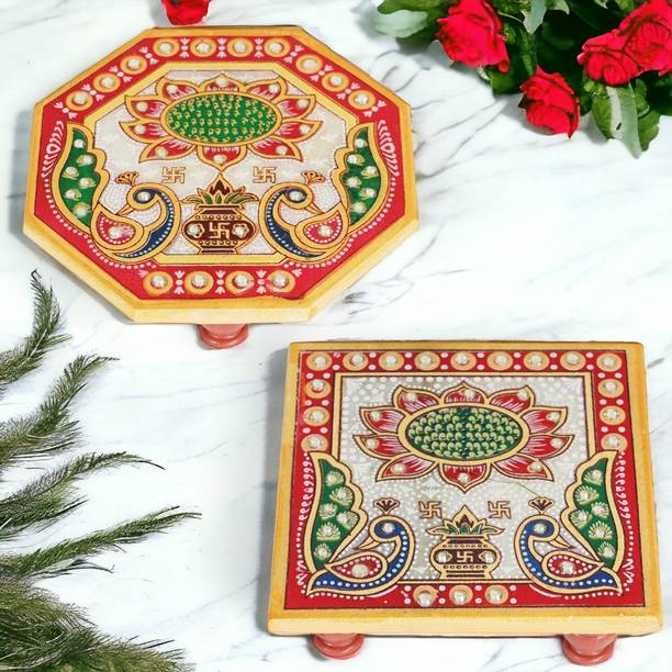 RUSHVILLE Premium Marble Handcrafted Meenakari Work Designer Marble Chowki or pooja chauki Marble All Purpose Chowki