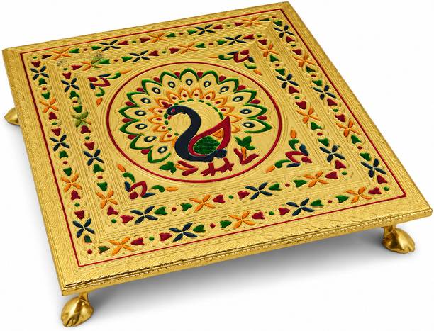 PENSON 12 x12 inch golden plated Wooden Bajot Chowki For Home Pooja Decor Wooden Pooja Chowki