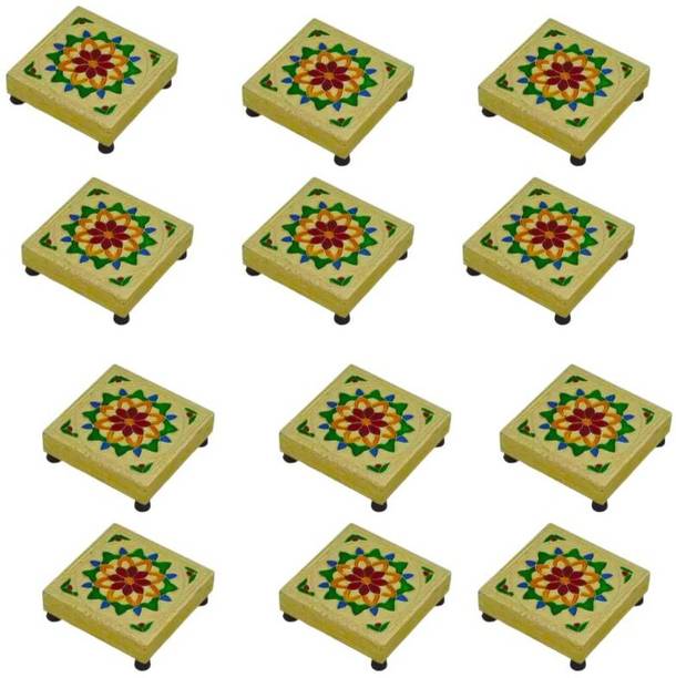 Divypath Handicraft Wooden Chowki Bajot Set 2x2 Inch Wooden Pooja Chowki