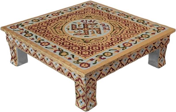 Divypath Golden Meenakari Wooden Pooja Chowki 15"x15" with Swastik design. Wooden Pooja Chowki