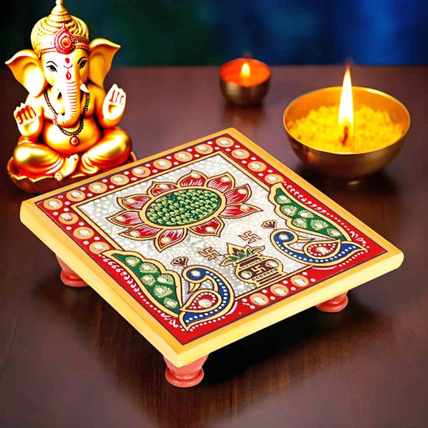 RUSHVILLE Marble Puja Chowki In Marble With Lotus Design 4 X 4 Marble All Purpose Chowki