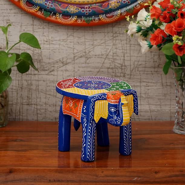 Craft Tree Wooden Handpainted Decorative Elephant Stool Showpiece in Orange color Wooden All Purpose Chowki