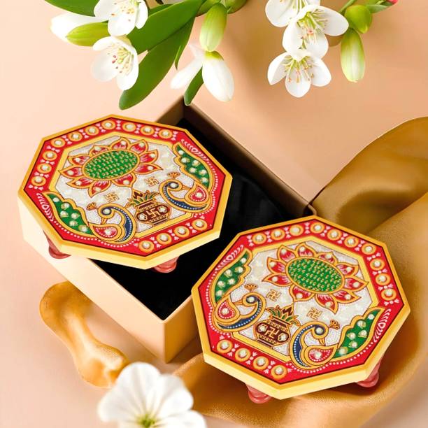 RUSHVILLE Octagonal (4 x 4)Inch Kundan Stone Work Floral Peacock design For Marble Pooja Chowki