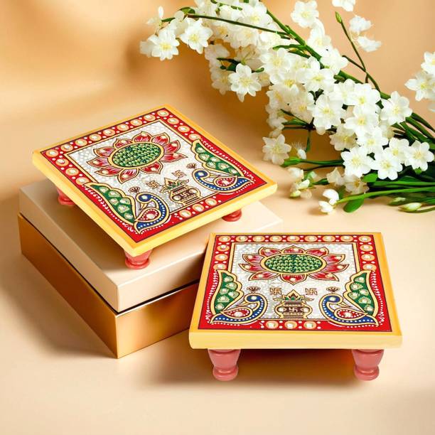 RUSHVILLE Marble Lotus Painting Chowki For All Purpose Marble All Purpose Chowki