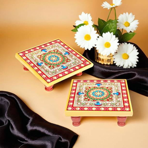 RUSHVILLE Marble Puja Chowki In Marble With Duck,Flower Design 4 X 4 Inch. Marble All Purpose Chowki