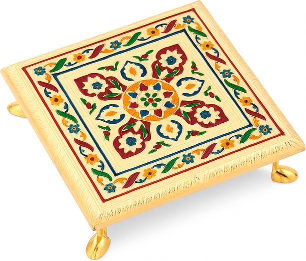 Divypath 8x8 Inch Golden Meenakari Chowki , Floral Design Wooden Bajot Wooden Pooja Chowki