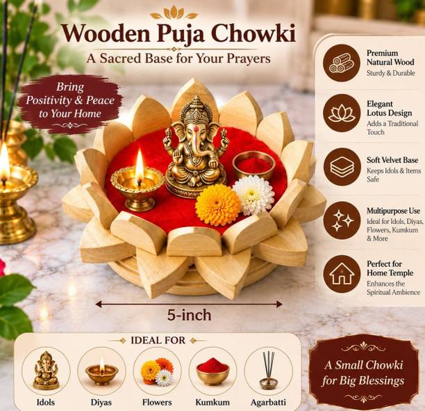 SHREE VISHVAKARMA 5 Inch Wooden Lotus Puja Chowki Wooden Pooja Chowki