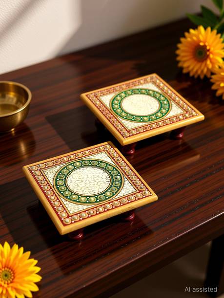 Earth joy lookart Green Round Chowki Marble Pooja Chowki
