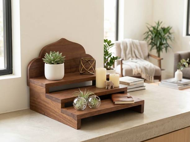 woodenlife WoodenNest 3-Step Wooden Pooja Chowki Wooden Wall Shelf