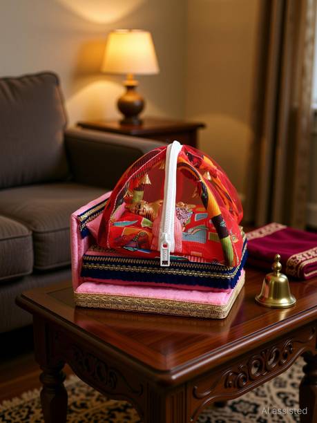 R D Handicraft Thakur ji Bed,Laddu Gopal ji Bed With Mosquito Net Usable 0 to 3 no Silk All Purpose Chowki