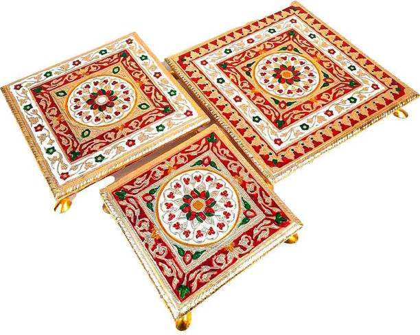 Apkamart Wooden Minakari Chowki - Set of 3 (8,10,12 Inch) Wooden Pooja Chowki