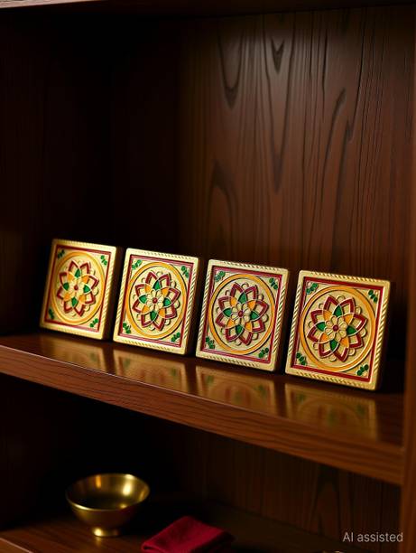 Divypath Handicraft Flower Design Pooja Chowki 3x3 Inch – Pack of 4 Wooden Pooja Chowki