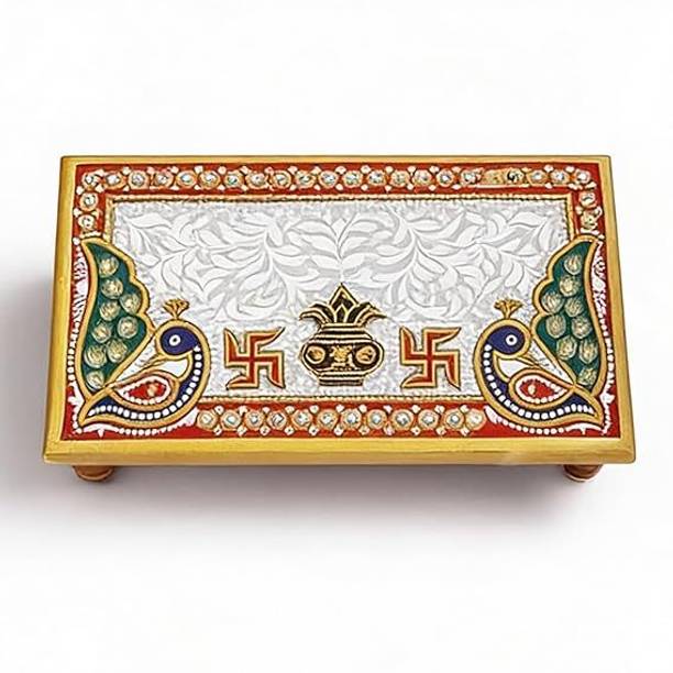 Unified House Design Kalash With Swastik Hand Painted Pooja Idols for Temple 4x6 inch Marble Pooja Chowki