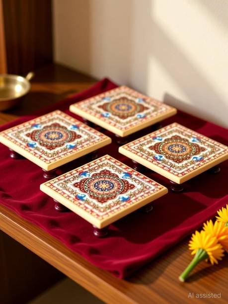 household hub Peacock Design Premium Marble Chowki, Decorative Item Marble Chowki For Puja Marble All Purpose Chowki