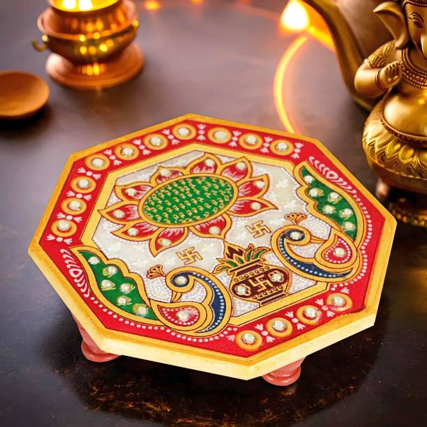 RUSHVILLE Octagonal (4 x 4)Inch Kundan Stone Work Floral Peacock design For Marble Pooja Chowki