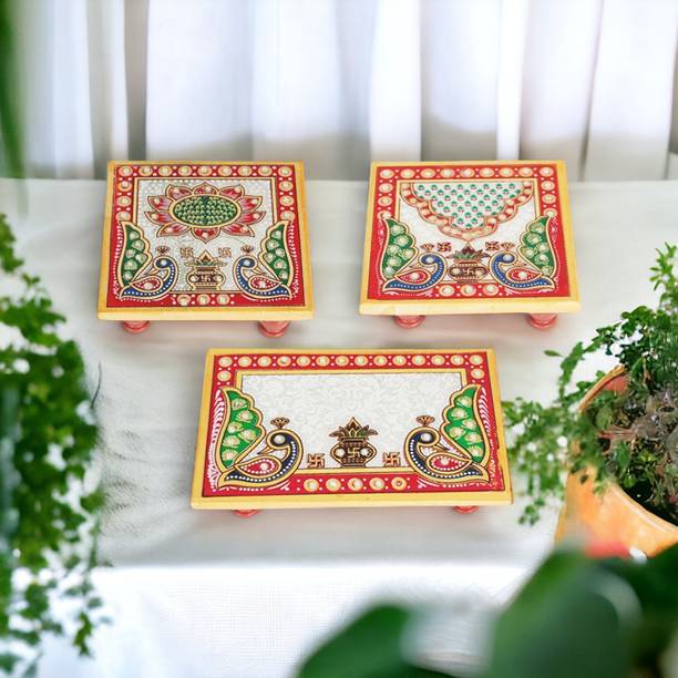 RUSHVILLE Floral Design Size (10.2 Cm X 10.2 Cm X 2.55 Cm, Set Of 3) Marble Pooja Chowki Marble All Purpose Chowki