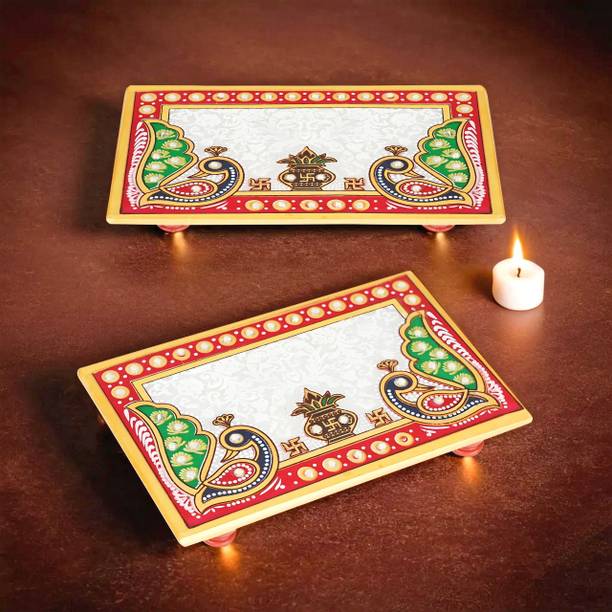 RUSHVILLE Marble Puja Chowki In Marble With Peacock Design 4 X 6 Inch… Marble All Purpose Chowki